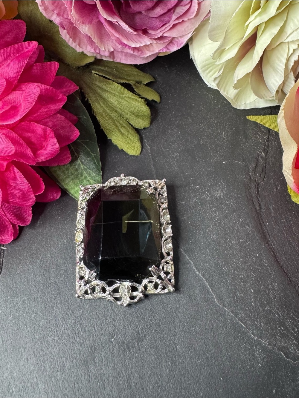 Sarah Coventry Vintage-Inspired Silver Frame Brooch with Smokey Glass Stone